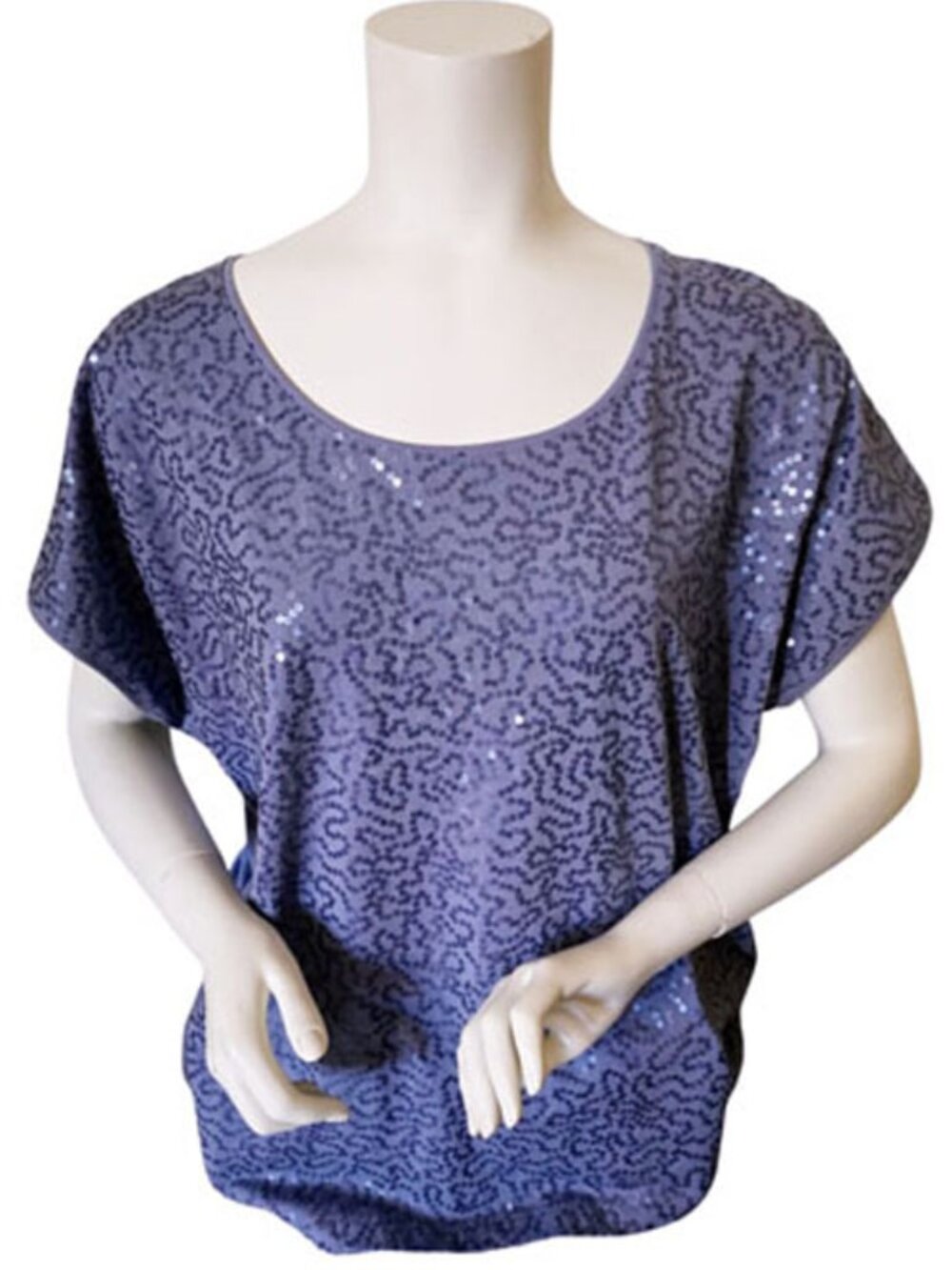 Chico’s Lavender Lilac Sequin Dolman Top Sz 3 Purple Mixed Media Knit Back EUC